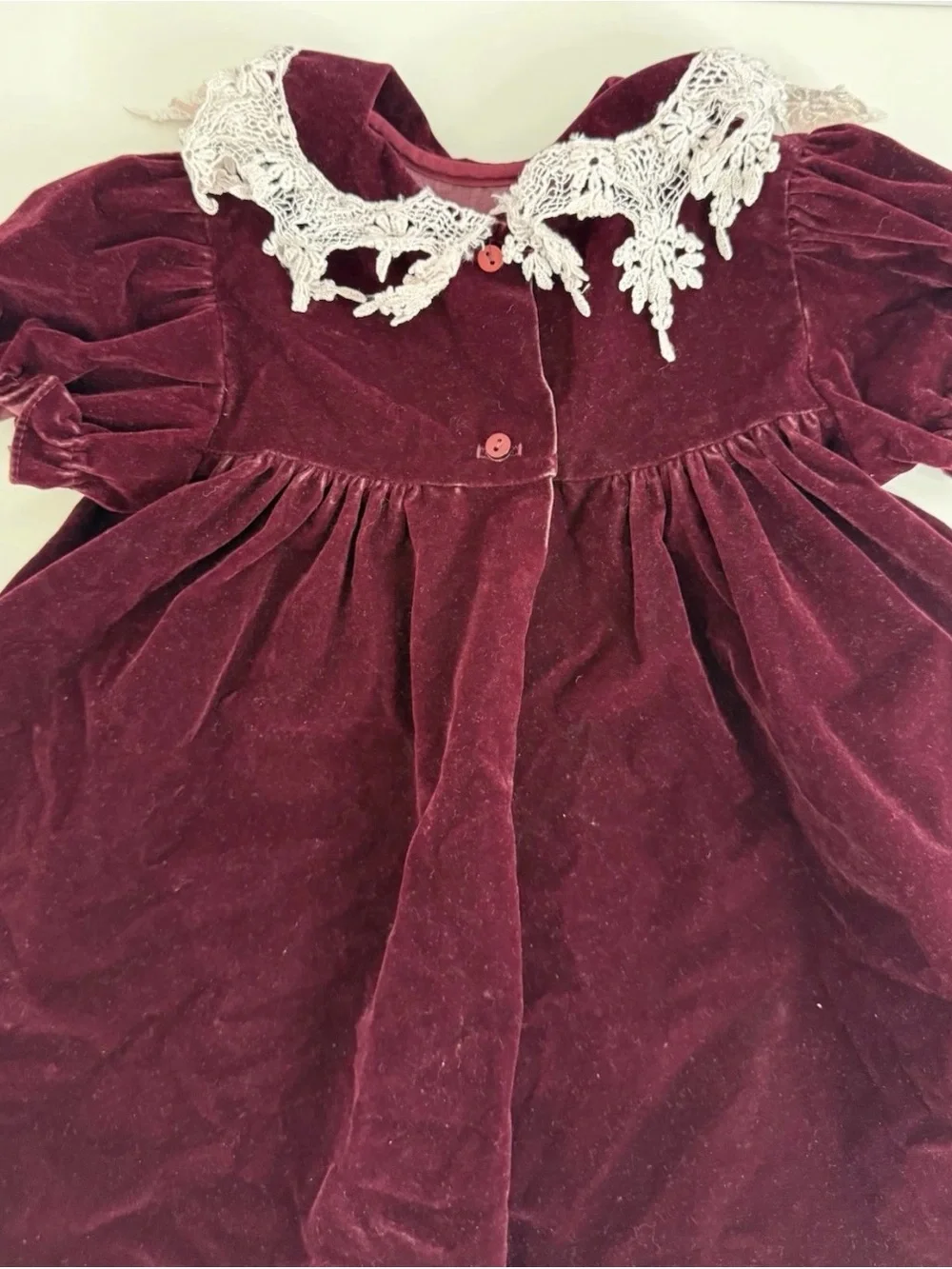 Vintage Memories By Jo Lene Baby Dress, Burgundy Velvet, Lace Collar 18 Months